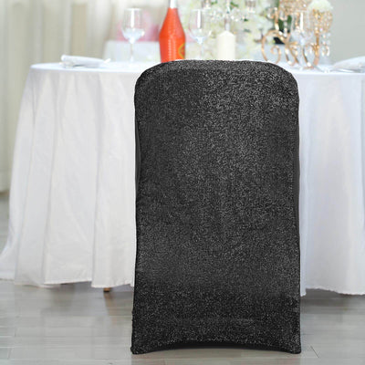 Black sequined chair cover for elegant dining setups.