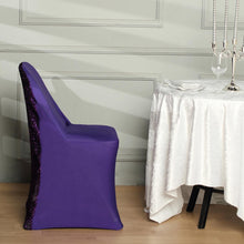 Purple Spandex Stretch Folding Chair Cover, Fitted Chair Cover with Metallic Glittering Back