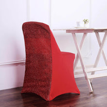 Folding Fitted Metallic Shimmer Tinsel Back Chair Covers in Red Spandex Stretch Material 