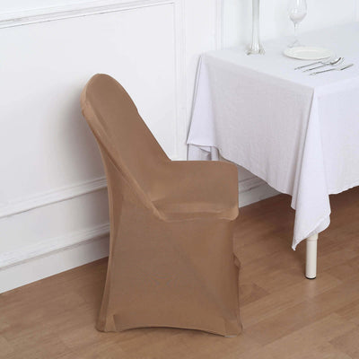 Brown chair cover on a dining chair near a table setting.
