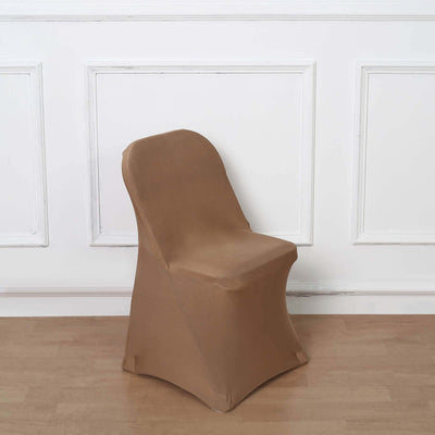 Brown chair cover on a plain chair in a minimalist setting.