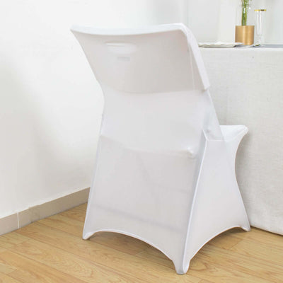 White folding chair with a sleek design, perfect for indoor or outdoor use.