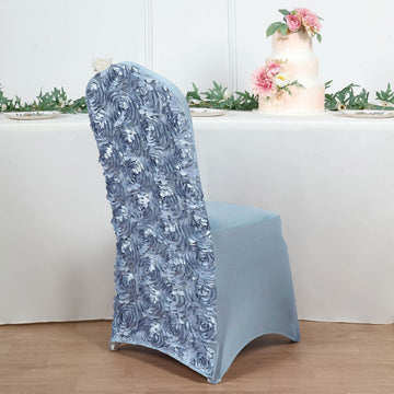 Elevate Your Event with the Dusty Blue Satin Rosette Spandex Stretch Banquet Chair Cover