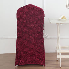 Burgundy Satin Rosette Spandex Stretch Banquet Chair Cover, Fitted Slip On Chair Cover