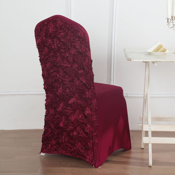 Elegant Burgundy Satin Rosette Spandex Stretch Banquet Chair Cover
