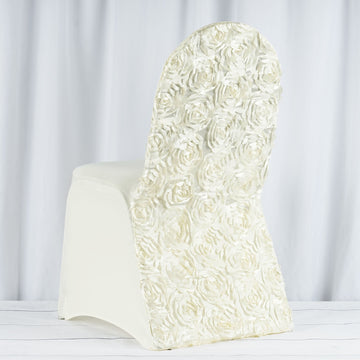 Elegant Ivory Satin Rosette Spandex Stretch Banquet Chair Cover