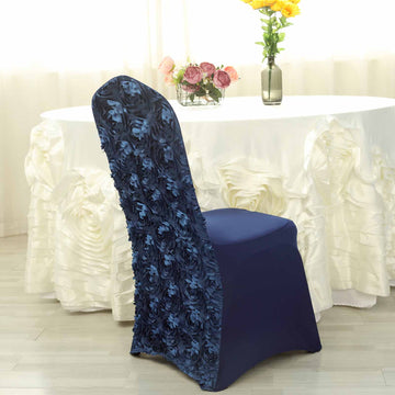 Unleash the Beauty of Navy Blue Satin Rosette Fitted Chair Cover