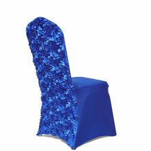 Satin Rosette Banquet Chair Cover With Spandex Stretch In Royal Blue 5 Pack