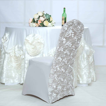 Create a Memorable Event with the Silver Satin Rosette Fitted Chair Cover