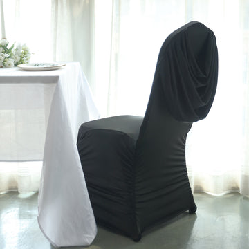 Black Ruched Swag Back Spandex Fitted Banquet Chair Cover with Foot Pockets