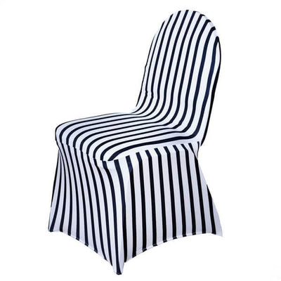 Striped chair cover in black and white, showcasing full shape and design.