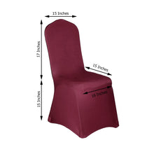 A burgundy spandex fitted banquet chair cover with measurements of 17 inches and 15 inches