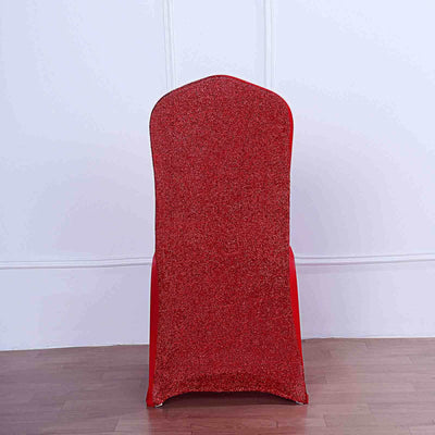Red glitter chair cover, back view, studio shot.