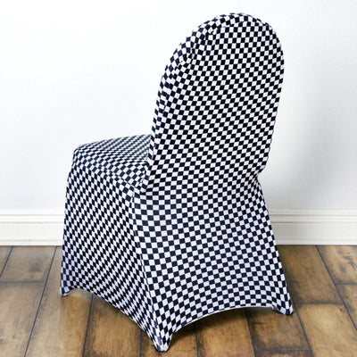 Checkered pattern chair cover on a plain backdrop.