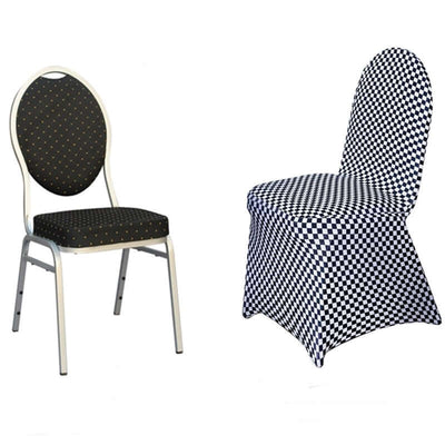 Black and white checkered party chair with cushion, studio-style shot