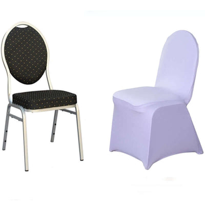 Two elegant chairs: one with a polka dot design and another in a solid lavender cover.