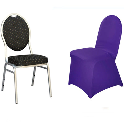 Black and gold polka dot chair next to a purple chair cover