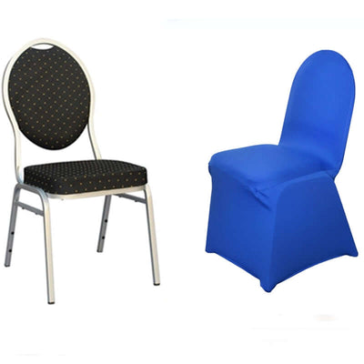 Two stylish chairs: one with a black polka dot design, the other in a blue cover.