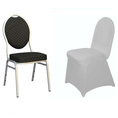 Black and gold polka dot chair with white chair cover