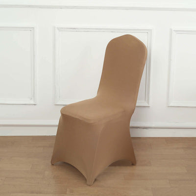 Beige stretch chair cover on a wooden floor.