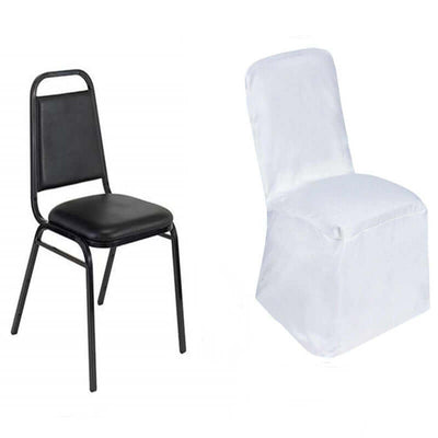 Black metal chair and white chair cover on a plain backdrop
