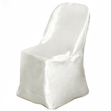 A white satin folding polyester & satin chair cover on a white background#whtbkgd