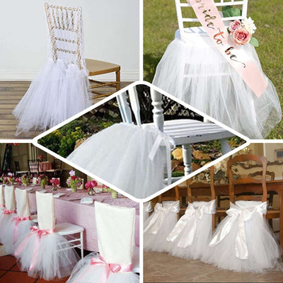 Chair sashes with tulle and ribbons for wedding decorations.