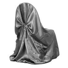 Universal chair covers: a charcoal gray satin chair cover with a bow on the back