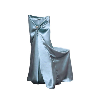 Elegant blue satin chair cover with decorative jewel accent