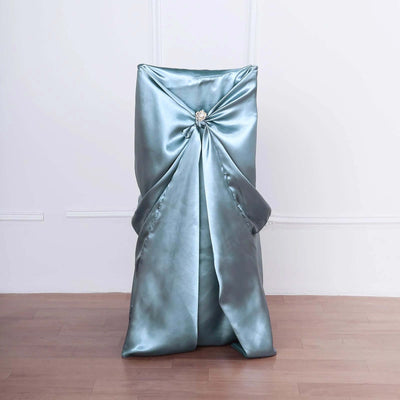 Elegant teal satin chair cover with decorative bow accent.