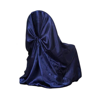 Navy satin chair cover draped elegantly over a chair