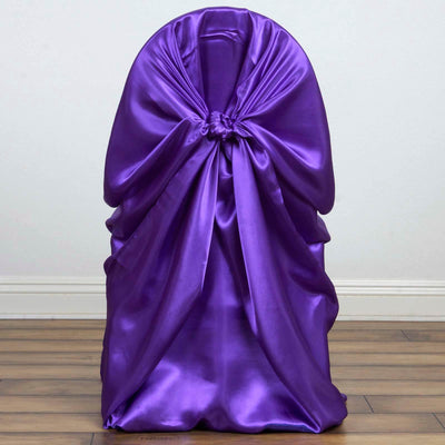 Purple satin chair cover draped elegantly over a chair