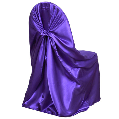 Purple satin chair cover draped elegantly over a chair.
