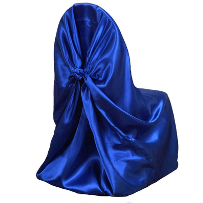 Blue satin chair cover with a tied back design.