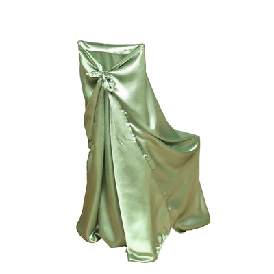 Green satin chair cover draped elegantly with a bow detail.