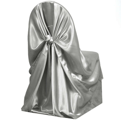 Silver satin chair cover with elegant draping and knot detail
