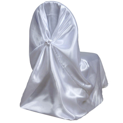 White satin chair cover with bow detail, perfect for events or weddings.