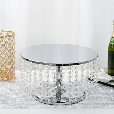 Elegant silver cake stand with crystal beads, perfect for celebrations.