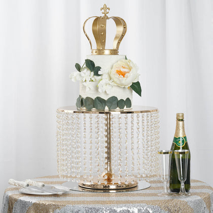 Metal Cake Stand Round Design 14" Dia Metallic Gold with Crystal Chains 12" Tall - Cupcake Dessert Pedestal