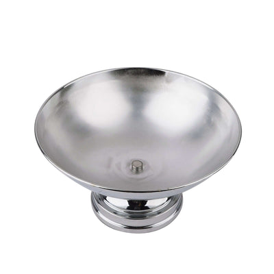 Silver decorative bowl on a pedestal, sleek and modern design.