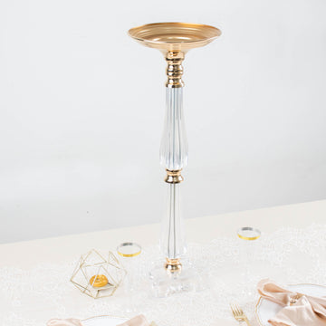 Elegant Gold / Clear Acrylic Crystal Pillar Candle Stand Table Centerpiece