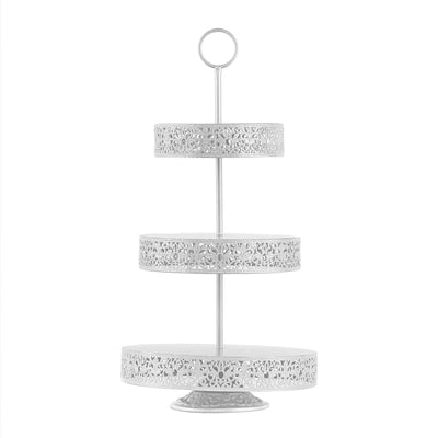 Three-tiered white cake stand with intricate lace design #whtbkgd