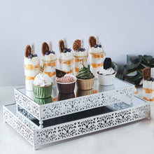 Set of 2 White Metal Fleur De Lis Display Riser with Mirror Top Rectangle Cake Stand