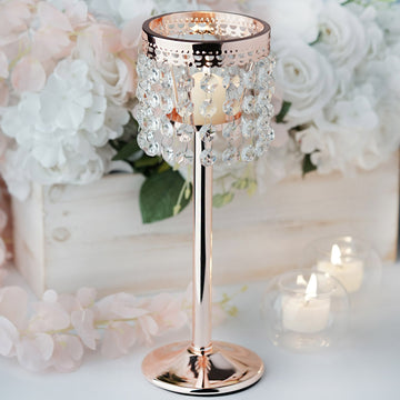 Elegant Rose Gold Crystal Beaded Chandelier Votive Pillar Candle Holder