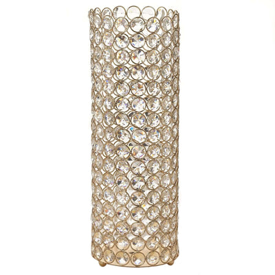 Gold crystal vase with decorative gem embellishments.