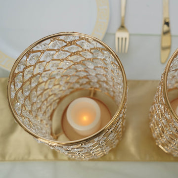 Create a Magical Atmosphere with the Gold Metal Crystal Beaded Pillar Votive Candle Holder Set