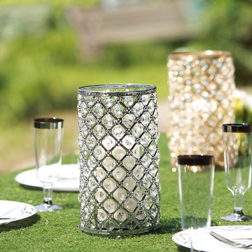 Add Glamour to Your Event Decor with the Metallic Silver Crystal Beaded Pillar Votive Candle Holder Set