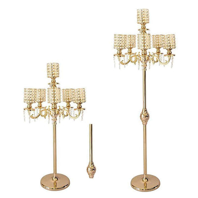 Elegant gold floor lamp with crystal accents, featuring adjustable height.