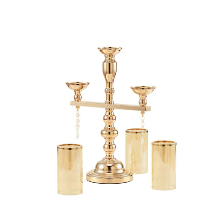 Gold candlestick holder with crystal accents and four glass candle holders.
