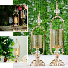 22inch Tall Gold Metal Pillar Candle Holder With Hurricane Glass Tube & 2 Crystal Globes